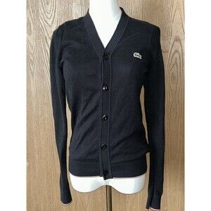 Lacoste Black Classic V-Neck Button Up Preppy Classic Logo Knit Cardigan XS